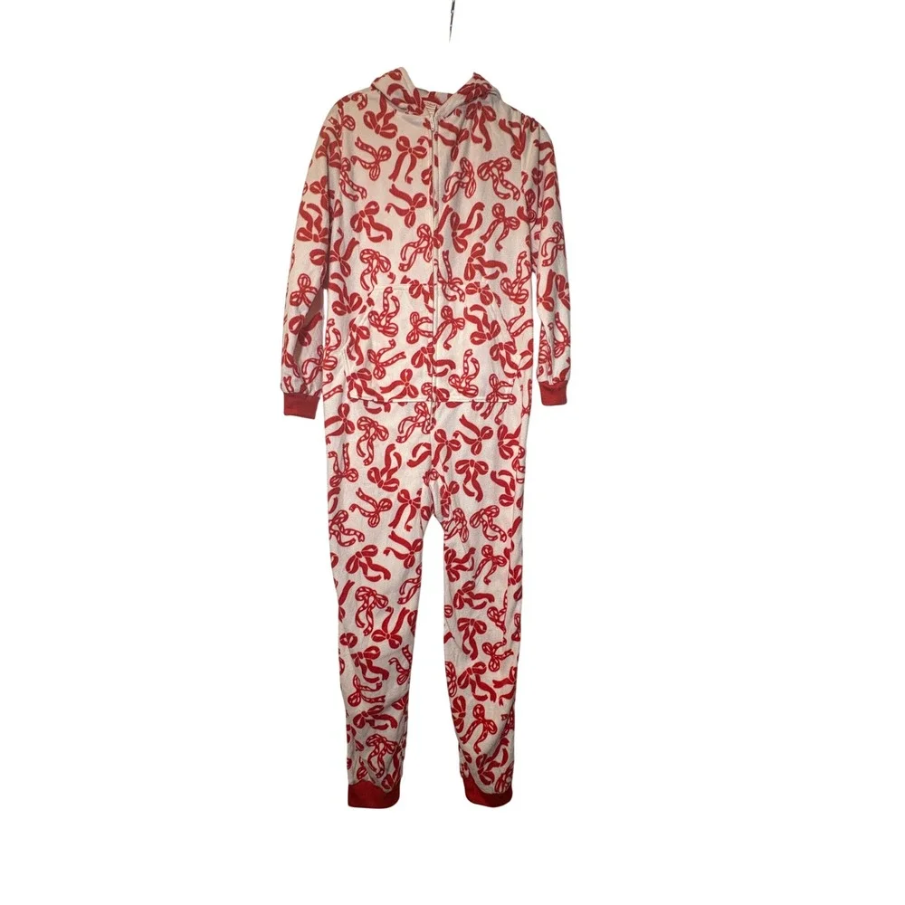 Cat & Jack NWT Girls XL/14 Hooded Union Red/White Candy Cane Bow Fleece Pajamas